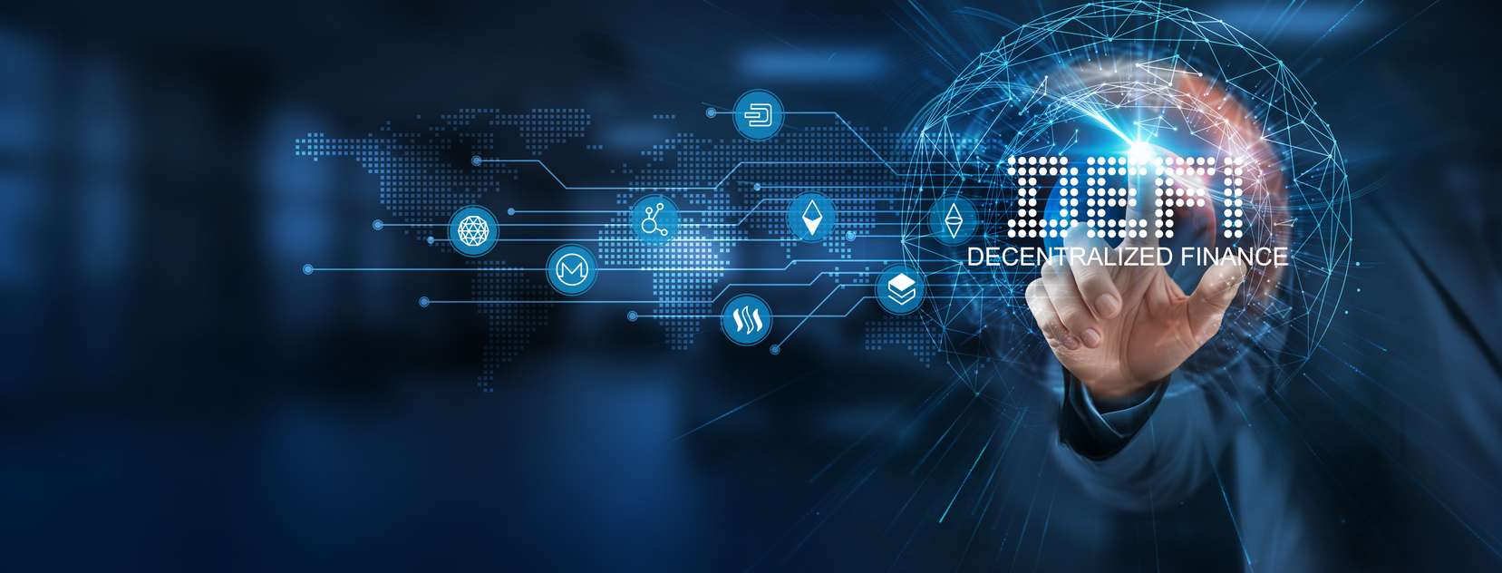DeFi offers a smart solution to traditional financial systems. Businessman points at a virtual blockchain network connecting service with graphical icons in finance, banking, insurance, industry.