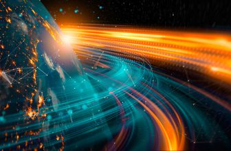 Global Network Connections and High-Speed Data Transmission Around Planet Earth in a Futuristic Digital Landscape with 3D software and Based on imagery from NASA. https://www.nasa.gov/specials/blackmarble/2016/globalmaps/BlackMarb